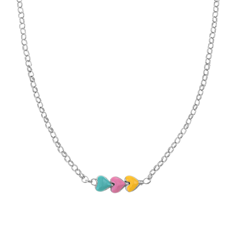 Collier en argent rhodié et laque, trois coeurs