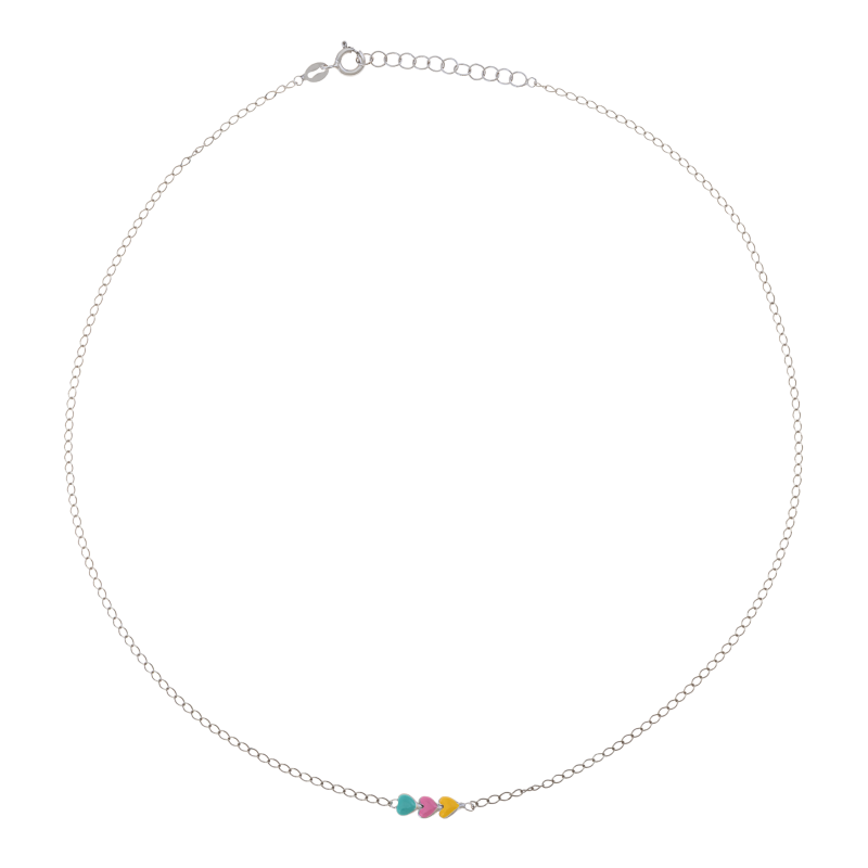 Collier en argent rhodié et laque, trois coeurs