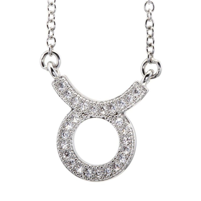 Collier en argent rhodié, signe du zodiaque taureau, oxydes de zirconium