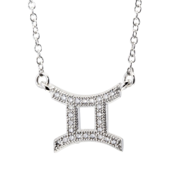 Collier en argent rhodié, signe du zodiaque gémeaux, oxydes de zirconium