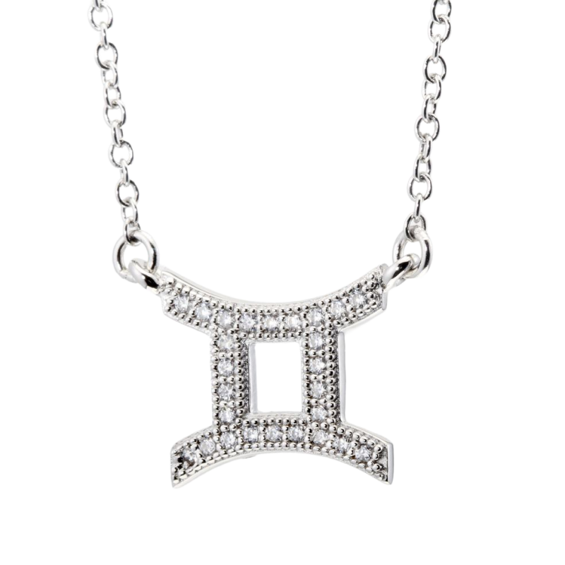 Collier en argent rhodié, signe du zodiaque gémeaux, oxydes de zirconium