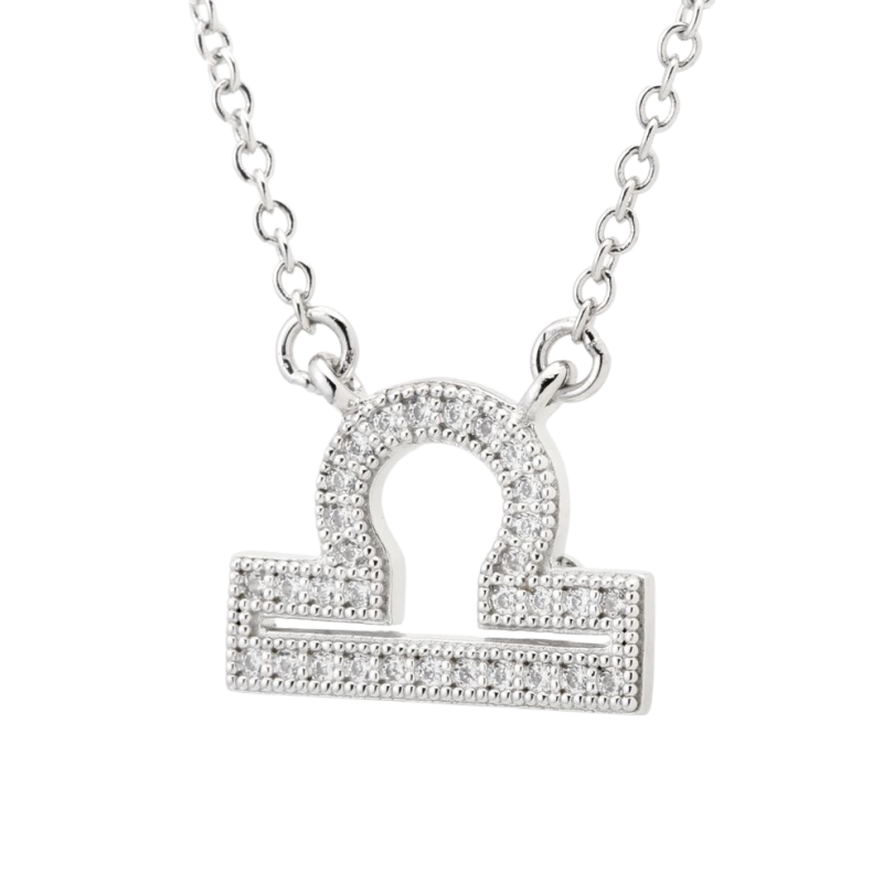 Collier en argent rhodié, signe du zodiaque balance, oxydes de zirconium