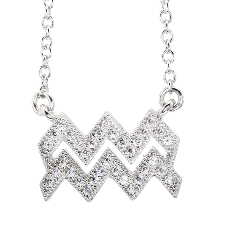 Collier en argent rhodié, signe du zodiaque verseau, oxydes de zirconium