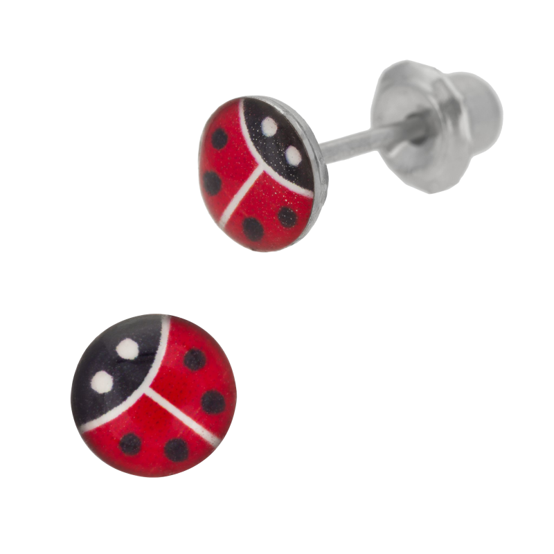 Boucles d'oreilles de perçage en acier et laque,  coccinelle