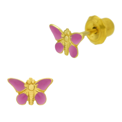 Boucles d'oreilles de perçage en acier doré, papillon laque rose