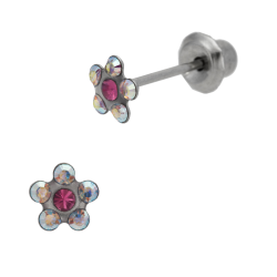 Boucles d'oreilles de perçage en acier, cristaux de synthèse rose et blancs, fleur