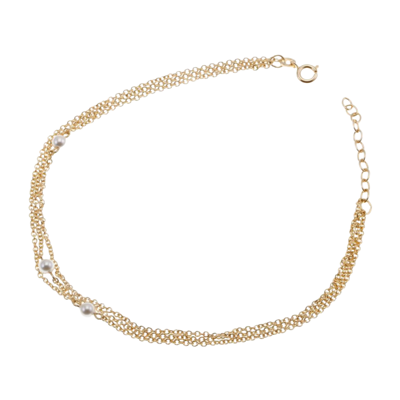 Chaine de cheville en plaqué or, triple chaine et perles synthétiques