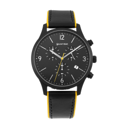 Montre homme, boite en acier noir et bracelet en cuir noir et jaune, verre minéral