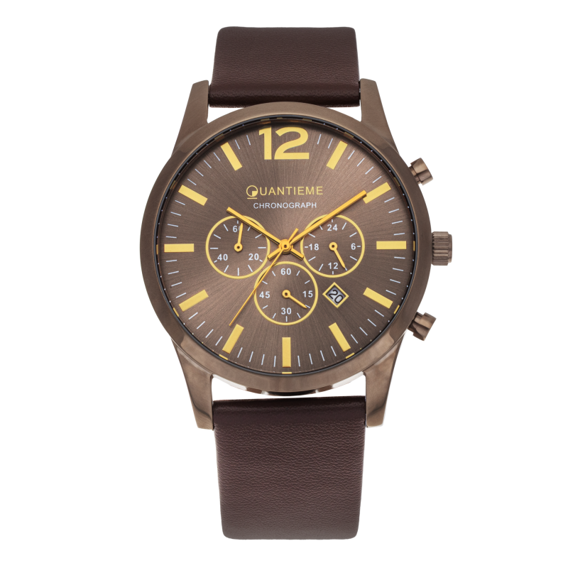 Chronographe homme, boîte en acier, bracelet cuir et verre minéral