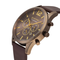 Chronographe homme, boîte en acier, bracelet cuir et verre minéral