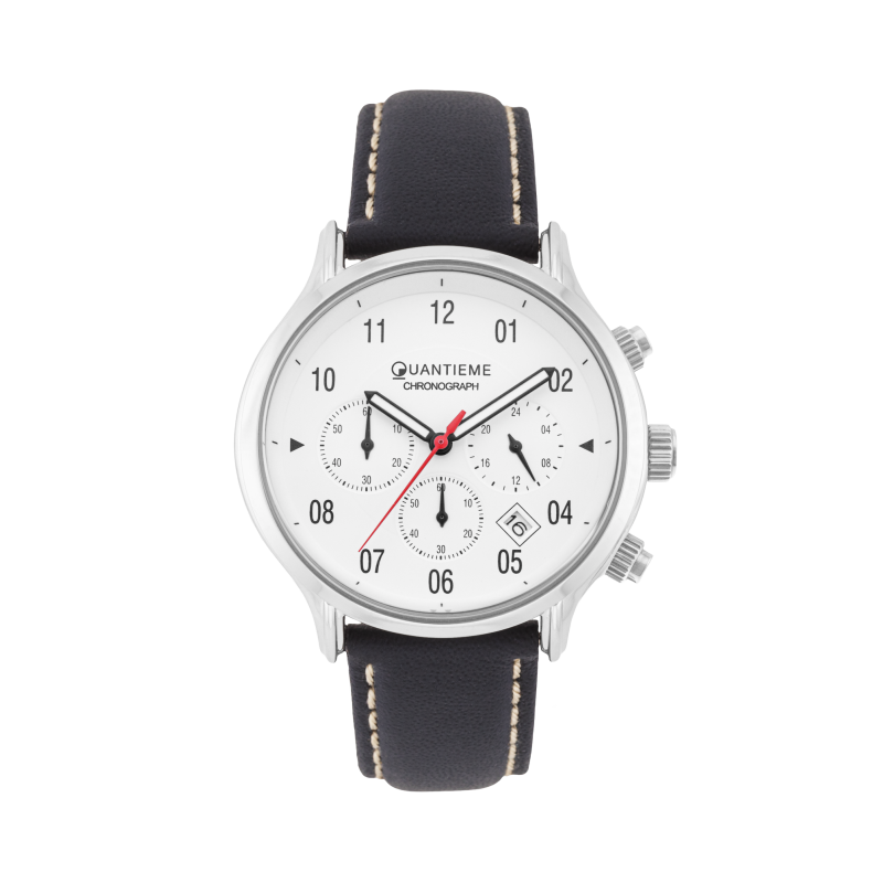 Chronographe homme, boîte en acier, bracelet cuir et verre minéral