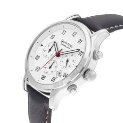 Chronographe homme, boîte en acier, bracelet cuir et verre minéral