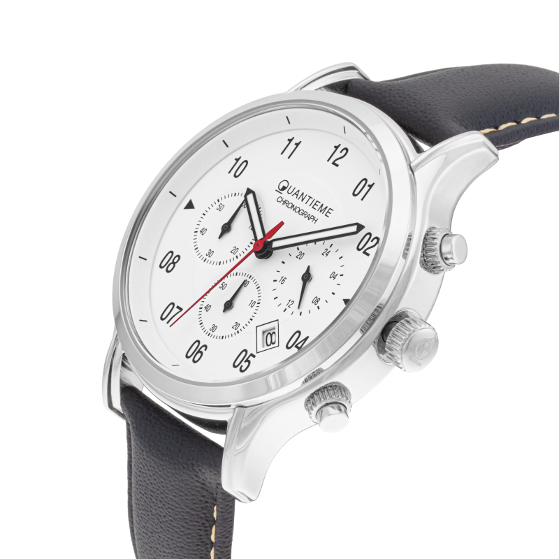Chronographe homme, boîte en acier, bracelet cuir et verre minéral
