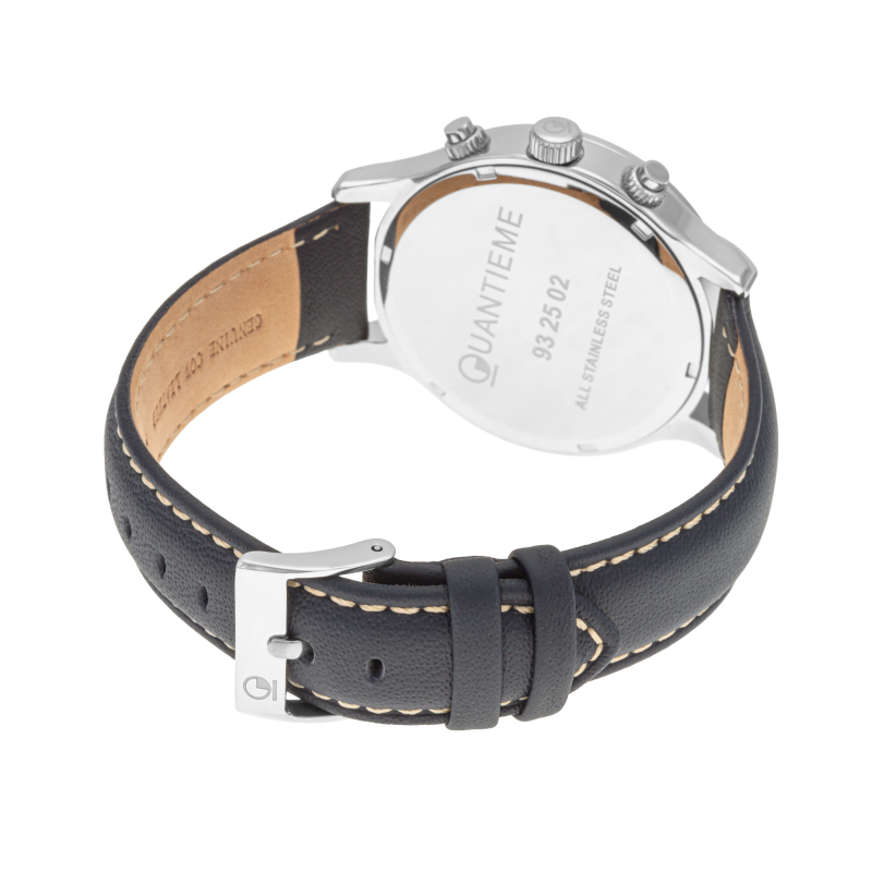 Chronographe homme, boîte en acier, bracelet cuir et verre minéral