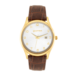 Montre homme, boîte acier doré, bracelet cuir et verre minéral