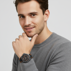 Montre homme, boîte en acier noir, bracelet en silicone et verre minéral