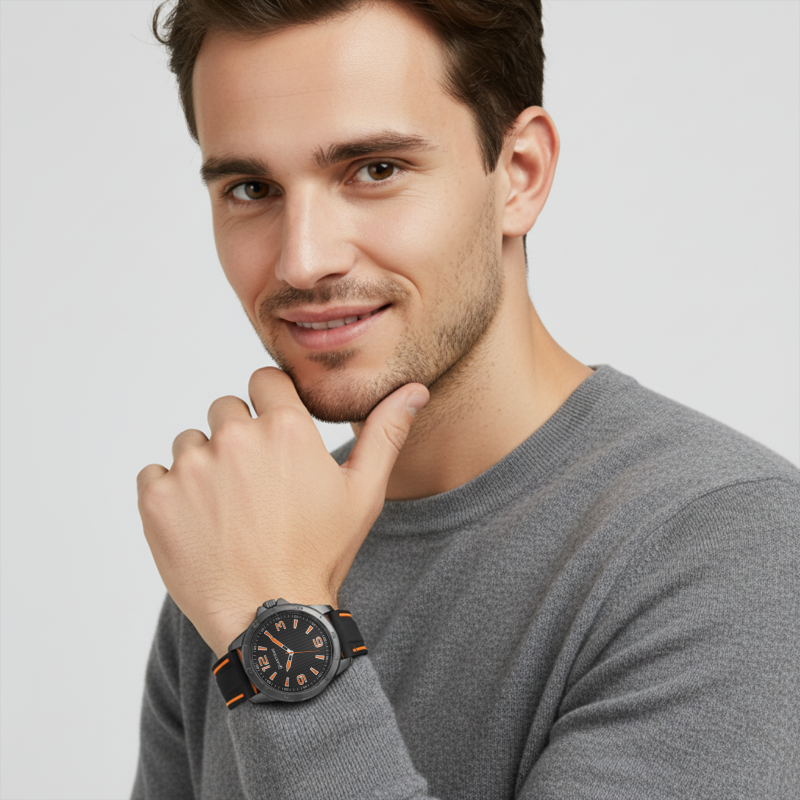 Montre homme, boîte en acier noir, bracelet en silicone et verre minéral