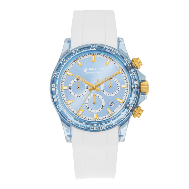 Chronographe mixte, boîte en plastique, bracelet en silicone et verre minéral