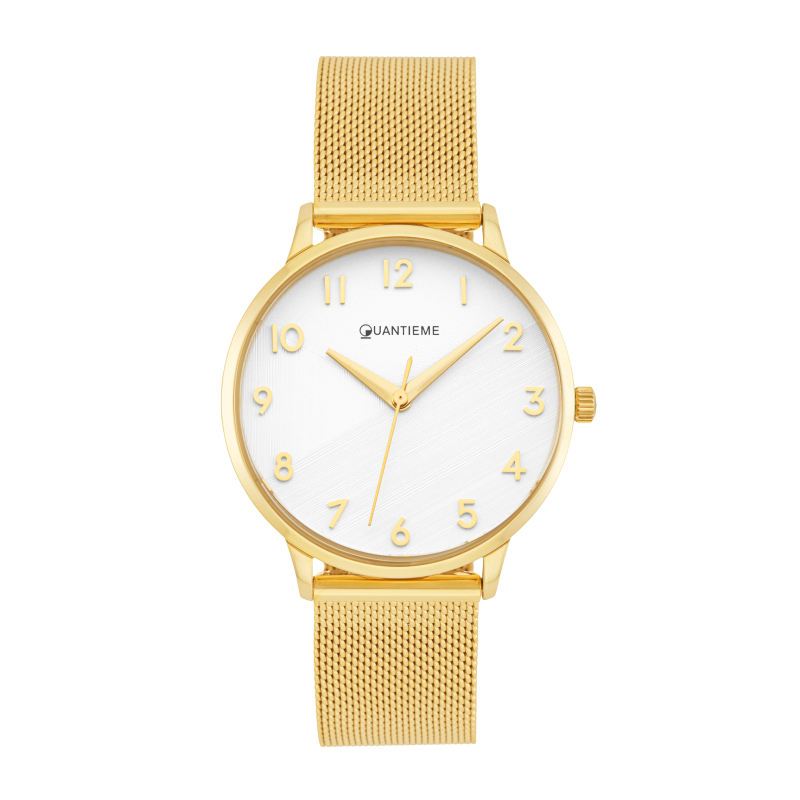 Montre femme, boite et bracelet acier doré et verre minéral