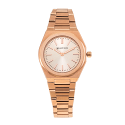 Montre femme, boîte et bracelet en acier rose, verre minéral