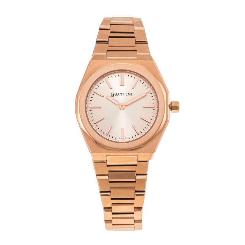Montre femme, boîte et bracelet en acier rose, verre minéral
