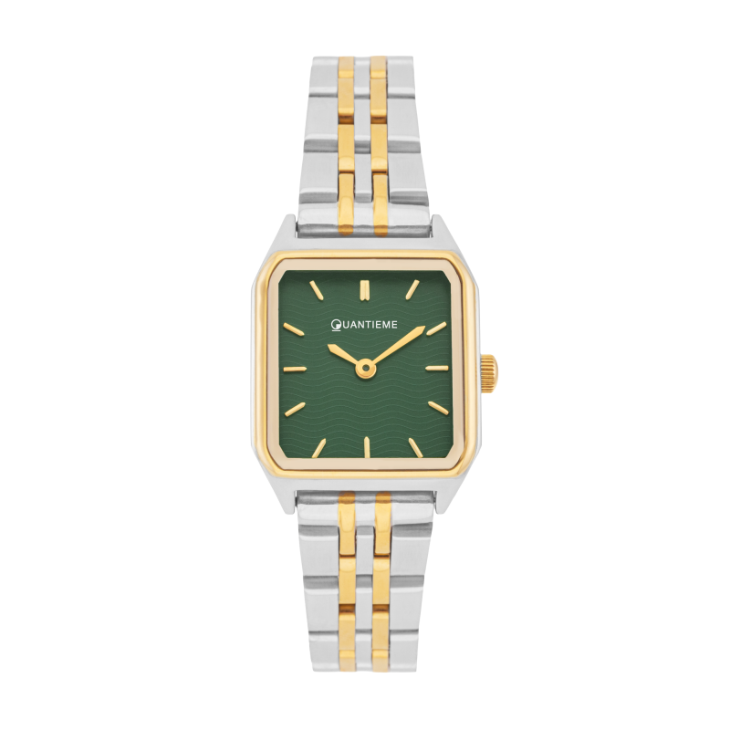 Montre femme, boîte et bracelet acier et acier doré, verre minéral