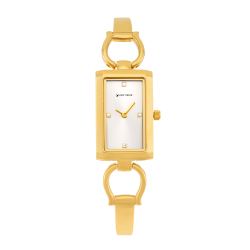 Montre femme, boîte en acier dore, bracelet en acier doré, verre minéral