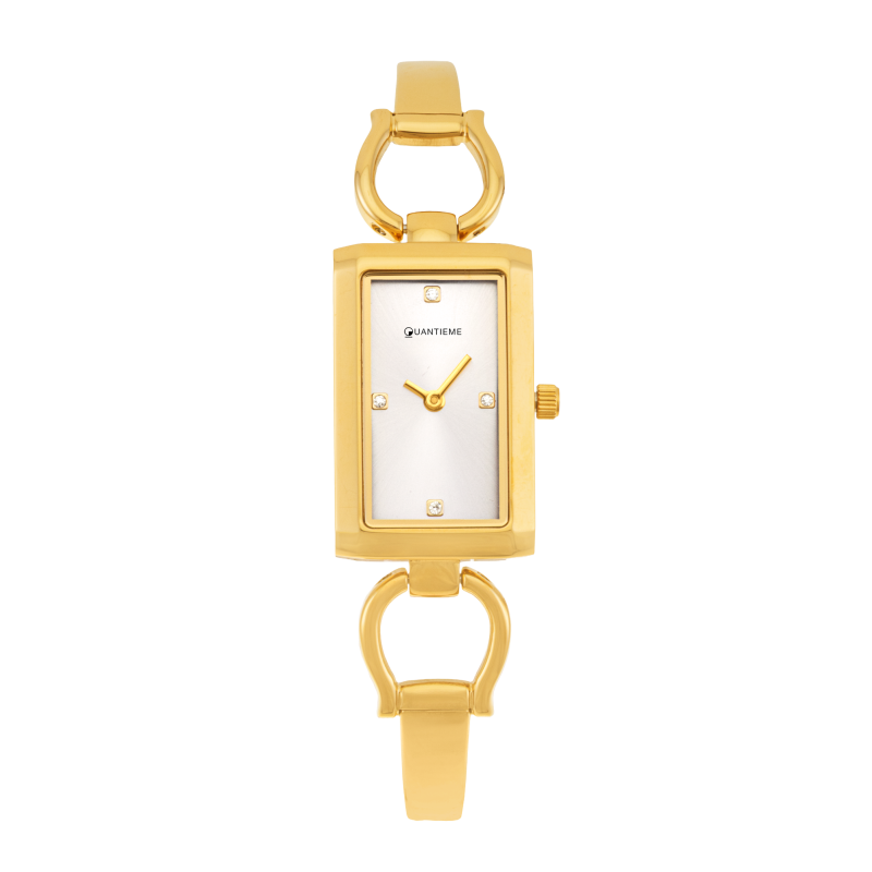 Montre femme, boîte en acier dore, bracelet en acier doré, verre minéral