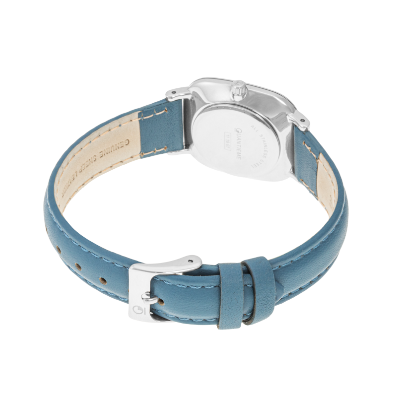 Montre femme, boite acier,bracelet cuir bleu et verre minèral