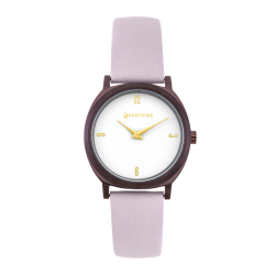 Montre femme, boîte en acier violet, bracelet cuir, verre minéral