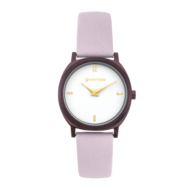 Montre femme, boîte en acier violet, bracelet cuir, verre minéral