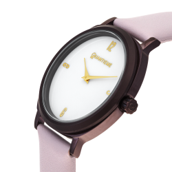 Montre femme, boîte en acier violet, bracelet cuir, verre minéral