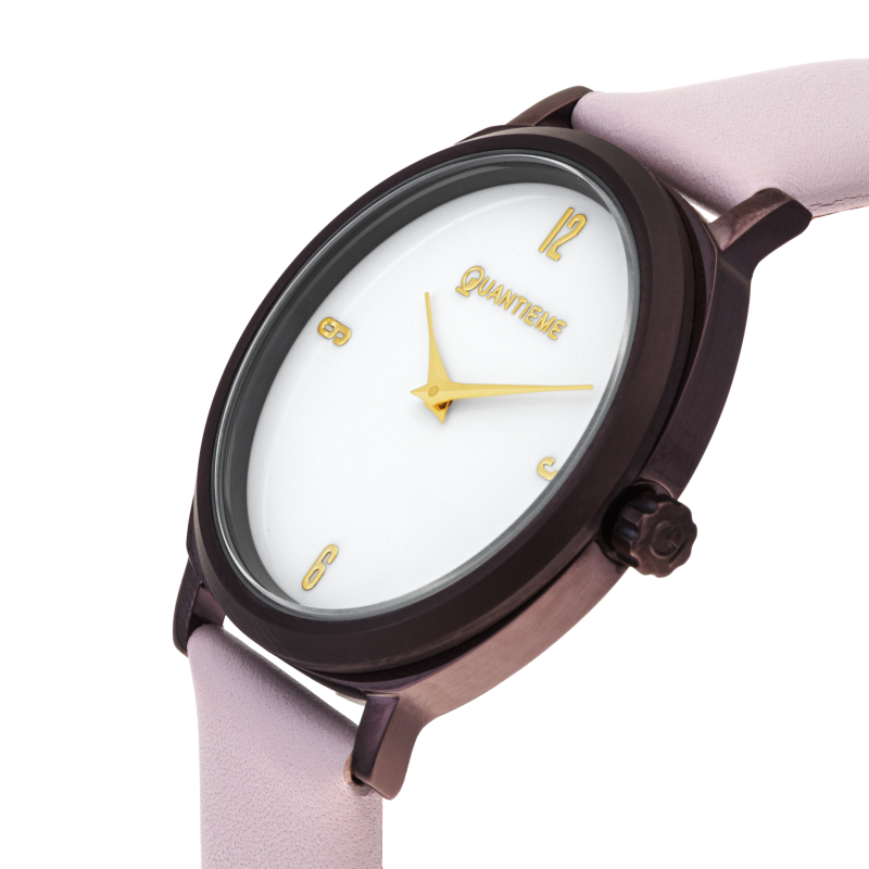 Montre femme, boîte en acier violet, bracelet cuir, verre minéral