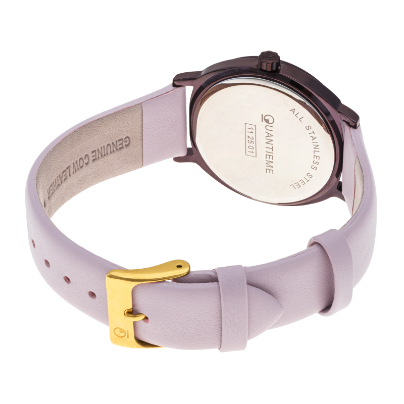 Montre femme, boîte en acier violet, bracelet cuir, verre minéral