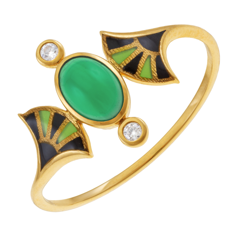 Bague en or jaune, verre, oxydes de zirconium et laque 