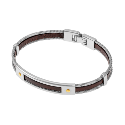 Bracelet jonc en or jaune, acier et cuir marron
