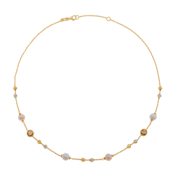Collier en or jaune et rhodié, cristaux de synthèse marrons et perles de culture 