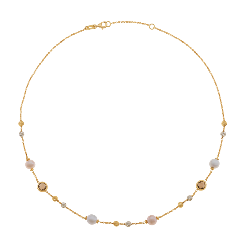 Collier en or jaune et rhodié, cristaux de synthèse marrons et perles de culture 