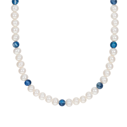 Collier en or jaune, perles de culture et pierres synthétiques bleus