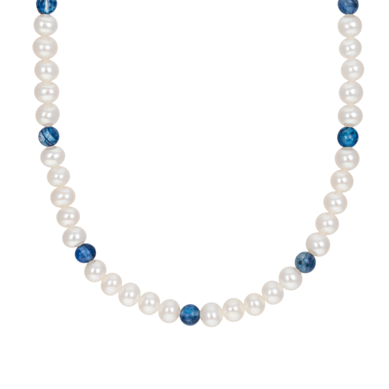 Collier en or jaune, perles de culture et pierres synthétiques bleus