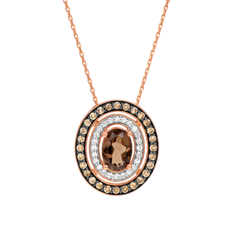 Collier en or rose et rhodié, quartz fumé, diamants blancs et diamants bruns 