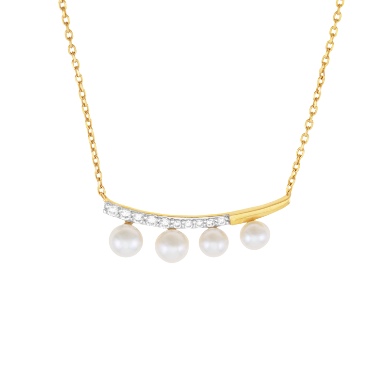 Collier en or jaune et rhodié, quatre perles de culture et oxydes de zirconium