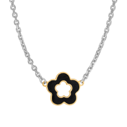 Collier en or jaune et argent rhodié, laque noire, fleur 
