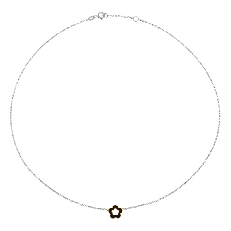 Collier en or jaune et argent rhodié, laque noire, fleur 