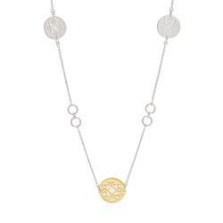 Collier sautoir en or jaune et argent rhodié, nacre, motifs ajourés 