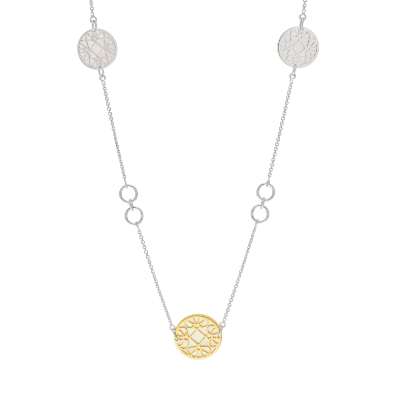 Collier sautoir en or jaune et argent rhodié, nacre, motifs ajourés 