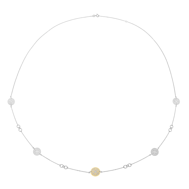 Collier sautoir en or jaune et argent rhodié, nacre, motifs ajourés 