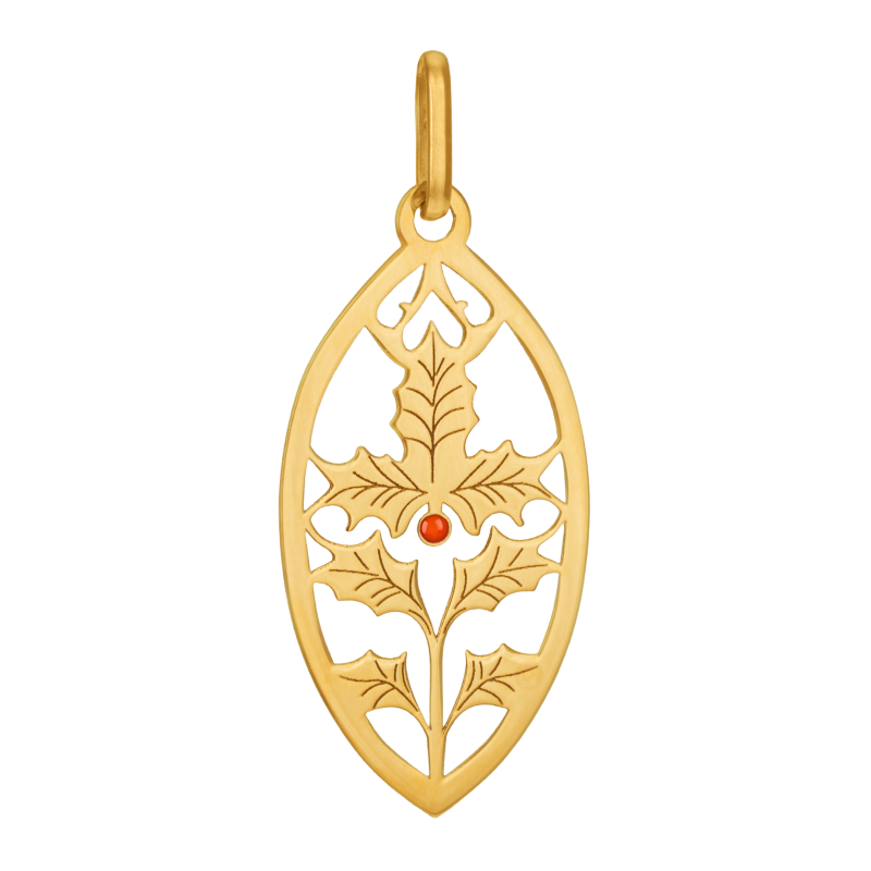 Pendentif en or jaune et laque rouge, houx