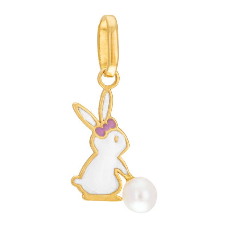 Pendentif en or jaune, perle de culture et laque, lapin