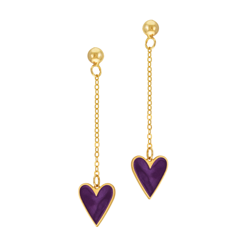 Boucles d'oreilles en or jaune et laque violette, coeur